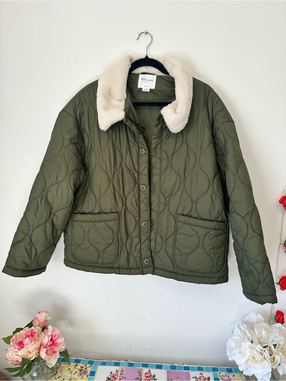 Aerie Olive Quilted Puffer Chore Jacket with Cream Faux Fur Collar XL